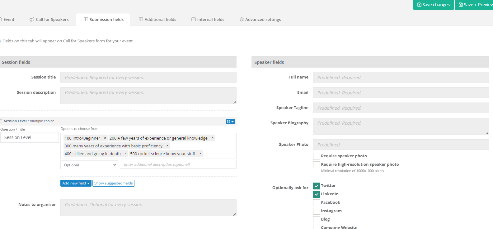 default session fields